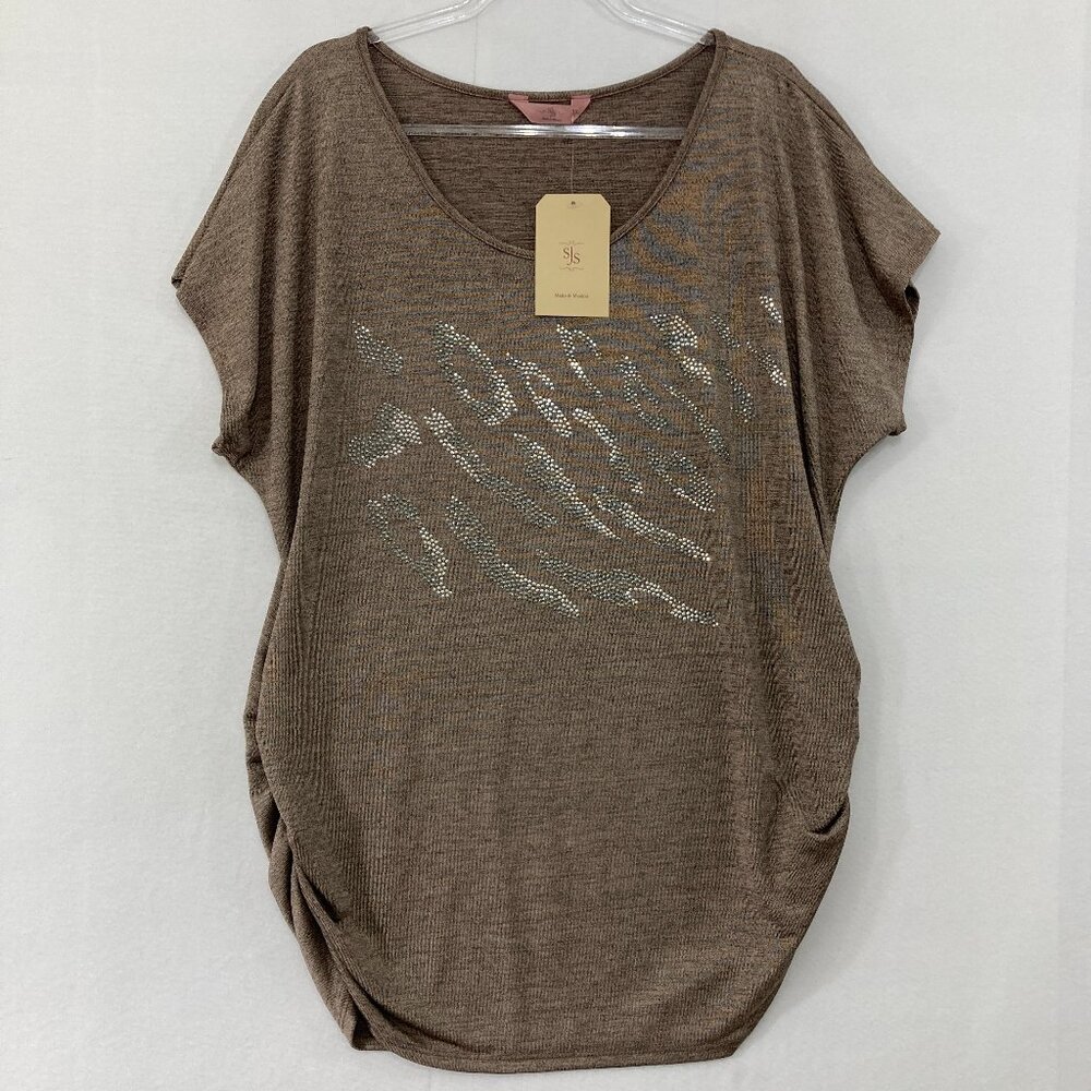 New SJS Top size 3X Light Brown Embellished Side‎ Ruched Stretch Knit Casual